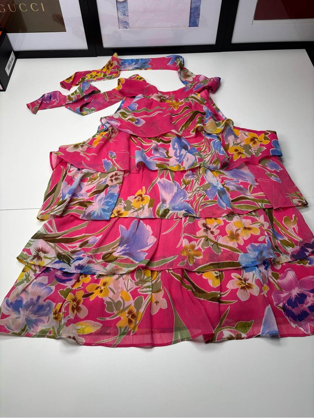 Spense Floral Tiered Ruffle Halter Blouse Pink Floral Chiffon Top Sz L EUC Chic!